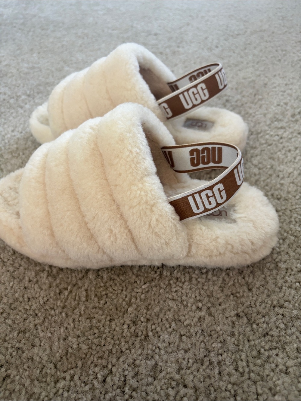 UGG Fluff Slide Shearling Slippers in Cream with Brown Logo Sling